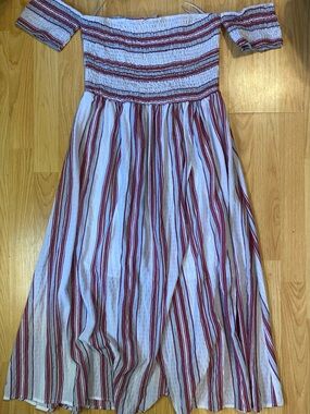 Love White and Burgundy Striped Smocked Dress